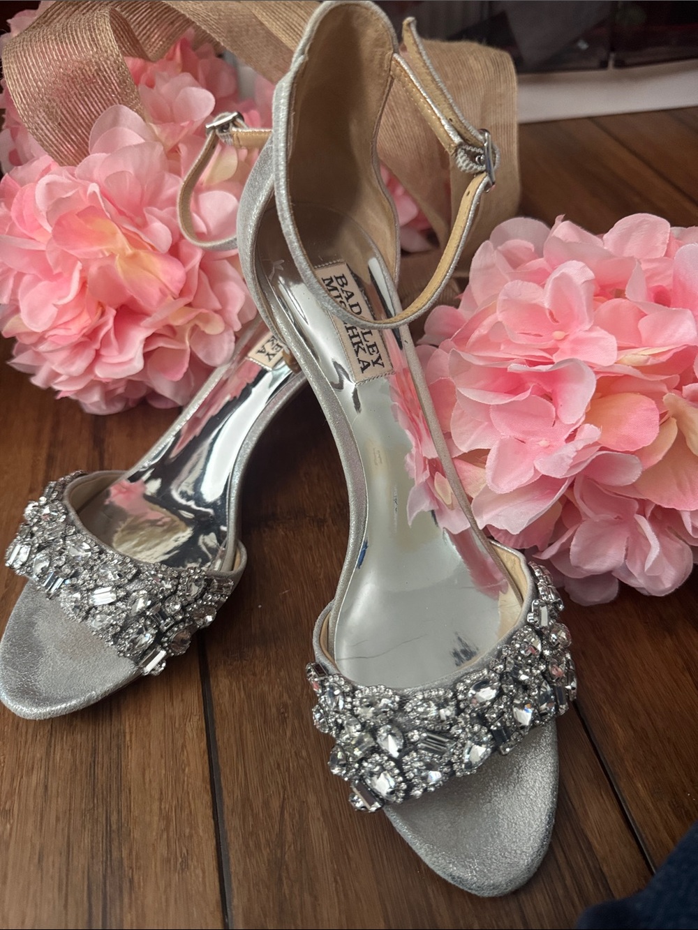 Badgley Mischka Silver Jeweled Open-Toe Ankle-Strap Heels